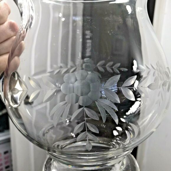 Vintage Etched Floral Pitcher‎ Clear Depression Glass 8" Tall - Picture 2 of 7